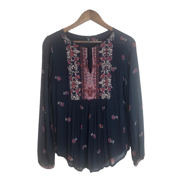 LUCKY BRAND Womens Blouse Sz Medium Navy Paisley Peasant-Style LS Tassel EUC - Picture 7 of 8